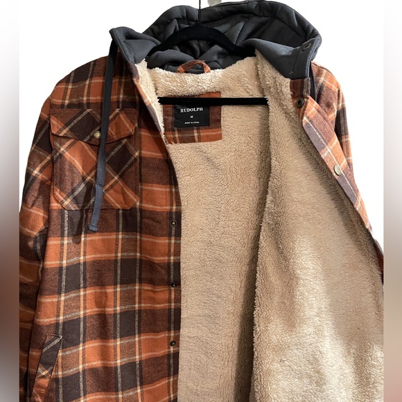 Men’s Rugged Outdoorsman Sherpa Lined Hooded Plaid Shirt Jacket Shacket Size M - Picture 4 of 7